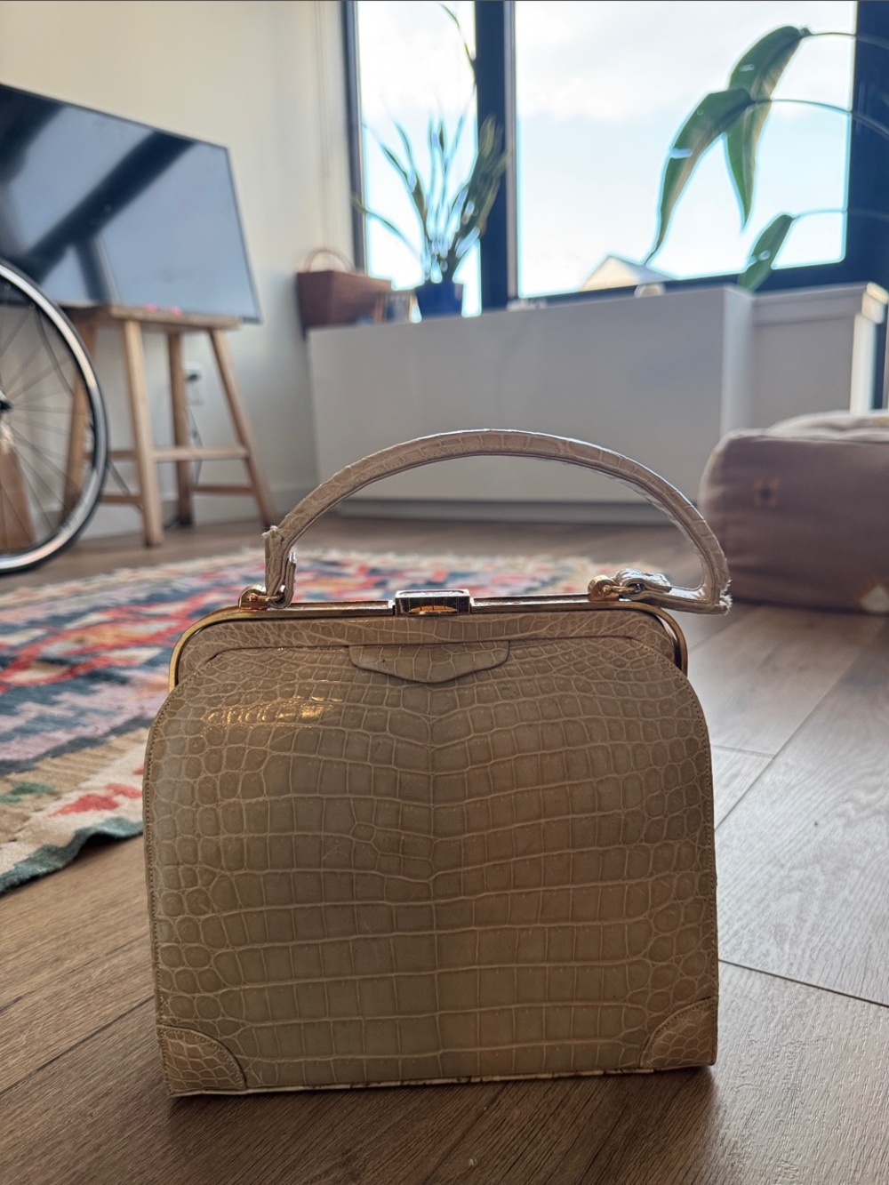 Vintage Lucille de Paris Croc-Embossed Top-Handle Bag in Cream